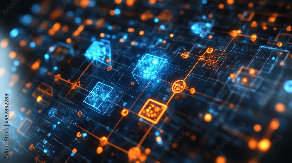 Abstract Digital Network Connection    Orange and Blue Glowing Lines and Squares