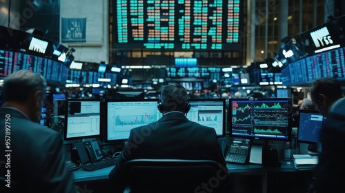 Bustling Stock Market Trading Floor with Financial Charts and Monitors photo