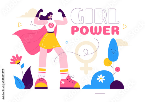 Girl Power Vector Illustration to Women as Strong and Independent, Advocating for Women's Rights and Diversity in a Flat Style Cartoon Background