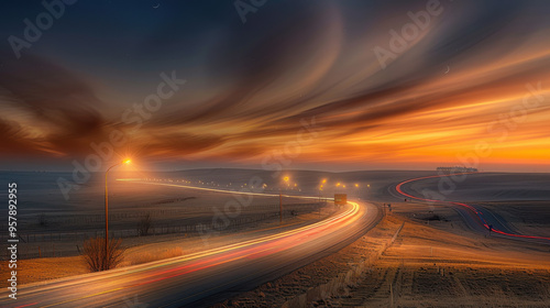 Highway Through Golden Sunset