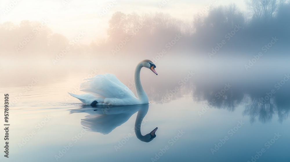 Obraz premium A serene white swan gliding across a calm, misty lake at dawn, with reflections on the water