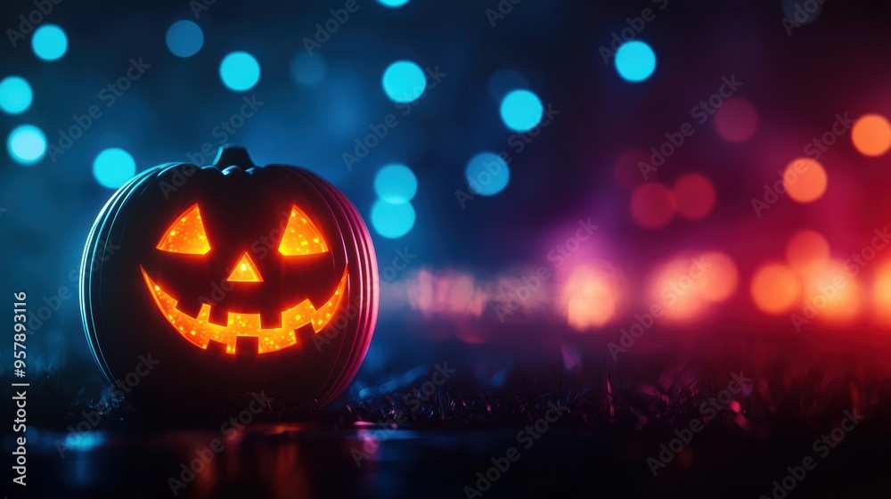 Spooky Jack-o'-Lantern Holographic Glow in Futuristic Neon-lit Setting with Copy Space. Spooky Jack-o'-Lantern Holographic Glow in Futuristic Neon-lit Setting with Copy Space.