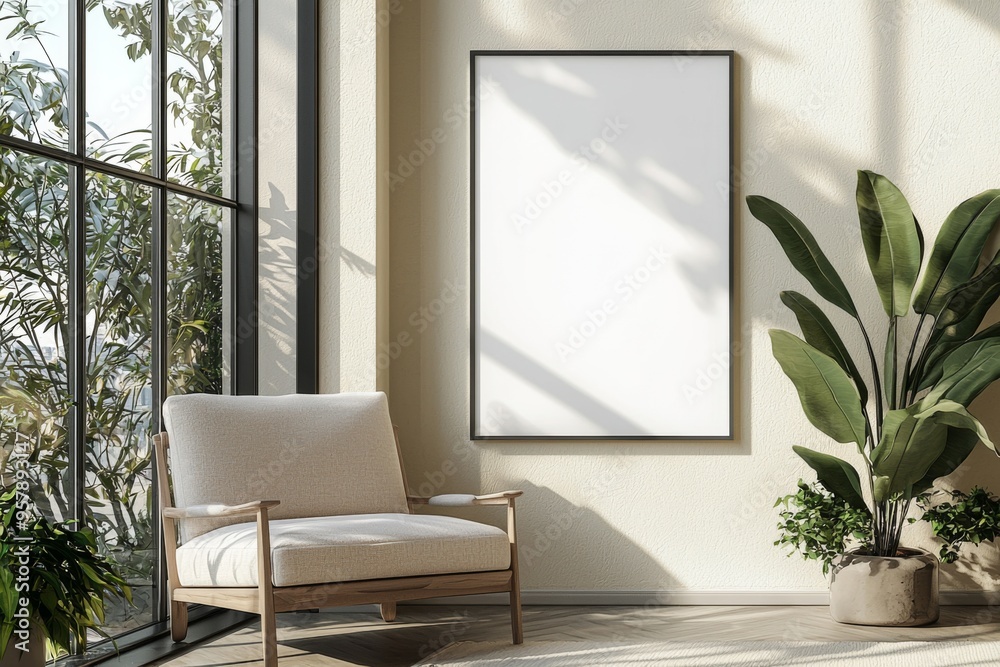 Poster Frame in Beige minimalist living room interior created with generative AI Poster Frame in Beige minimalist living room interior created with generative AI