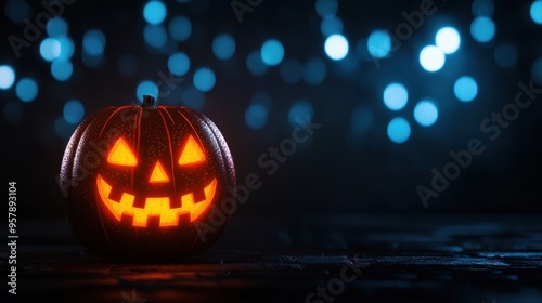 Wallpaper Mural Glowing Jack-o'-lantern Hologram in Eerie Futuristic Neon Lights with Copy Space. Selective Focus on Ultra HD Background. Torontodigital.ca