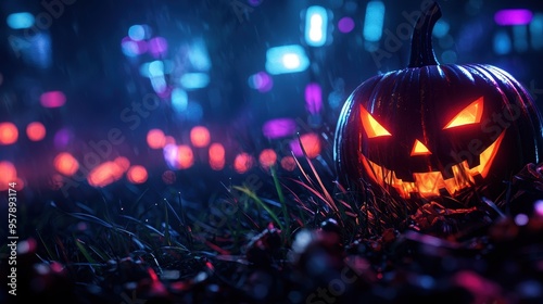 Wallpaper Mural Glitchy Cyberpunk Jack-o'-Lantern in Neon Cityscape with Futuristic Ambiance and Copy Space, Selective Focus, Ultra HD Torontodigital.ca