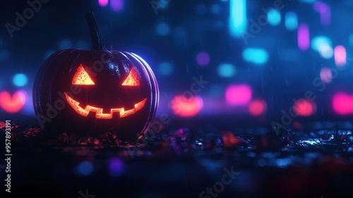 Wallpaper Mural Neon Cyberpunk Jack-o'-Lantern in Glitch City - Dark Futuristic Halloween Concept with Copy Space Torontodigital.ca