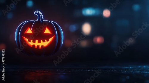 Wallpaper Mural Glowing Neon Jack-o'-Lantern in Virtual Urban Space with Eerie Light Effects, Copy Space for Text. Selective Focus on Foreground. Ultra HD. Torontodigital.ca