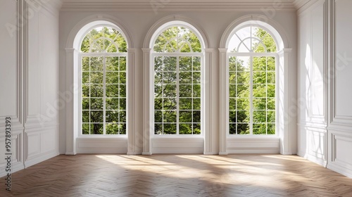 Luxury modern classic style empty white room with natural view 3d render, There are wooden floors and arched windows
