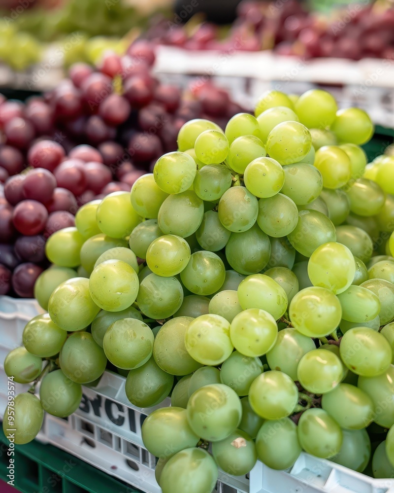 Vibrant green and red grapes piled high at a market, showcasing freshness and natural beauty. Perfect for healthy eating themes. Vibrant green and red grapes piled high at a market, showcasing freshness and natural beauty. Perfect for healthy eating themes.