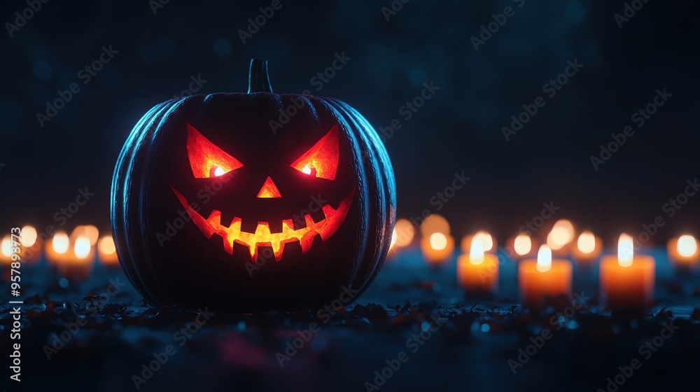 Naklejka premium Sinister Jack-O'-Lantern with Glowing Red Eyes Surrounded by Flickering Candles in Ultra HD – Halloween Horror Concept with Copy Space