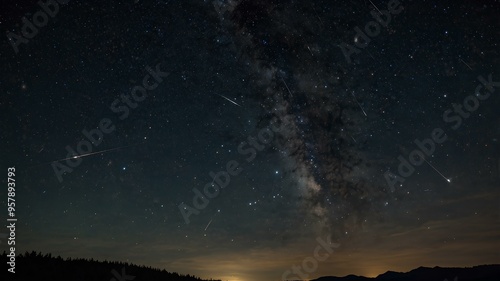 Orionid meteor shower. Bright meteors streaking across night sky, originating from Orion constellation, illuminating clear sky. Realistic style. photo