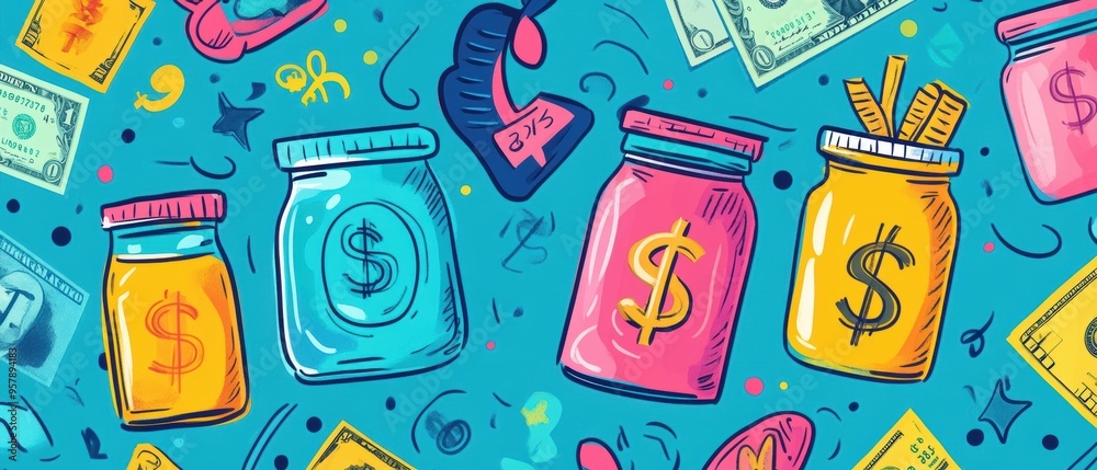Financial Freedom Design with Bright Doodles of Savings Jars, Investment Icons, and Cheerful Dollar Bills Financial Freedom Design with Bright Doodles of Savings Jars, Investment Icons, and Cheerful Dollar Bills