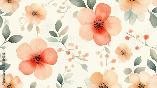 Watercolor Floral Seamless Pattern Background  Peach Flowers and Green Leaves