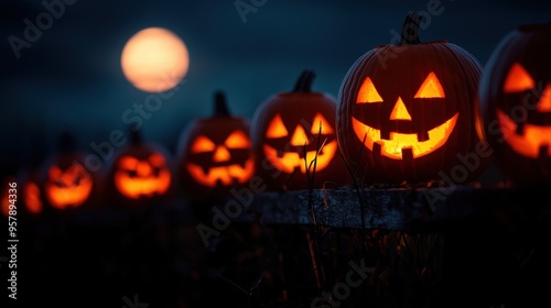 Spooky Halloween Jack-o'-lanterns on Weathered Fence under Full Moonlight | Copy Space for Text, Selective Focus | Ultra HD