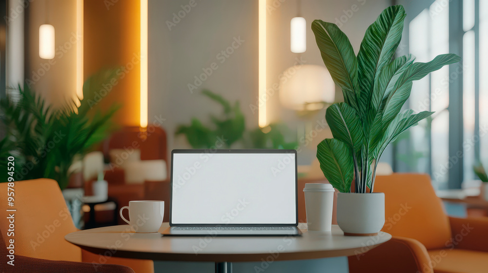 Fototapeta premium Upscale Coworking Lounge With Laptop Showing White Screen Mockup For Custom Digital Marketing Campaigns . Generative ai