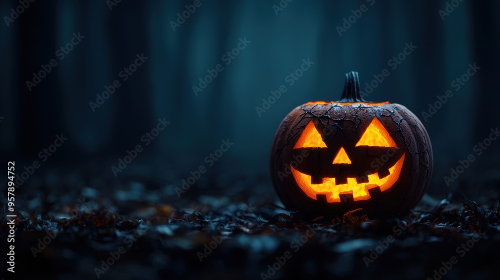 Eerie Jack-o'-Lantern in Decaying Haunted Forest Background with Copy Space, Selective Focus - Ultra HD Eerie Jack-o'-Lantern in Decaying Haunted Forest Background with Copy Space, Selective Focus - Ultra HD