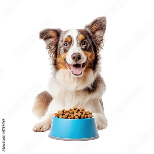 Happy dog with bowl of dry food isolated on white background. Cheerful pet excited about mealtime. Adorable canine sitting with food bowl.