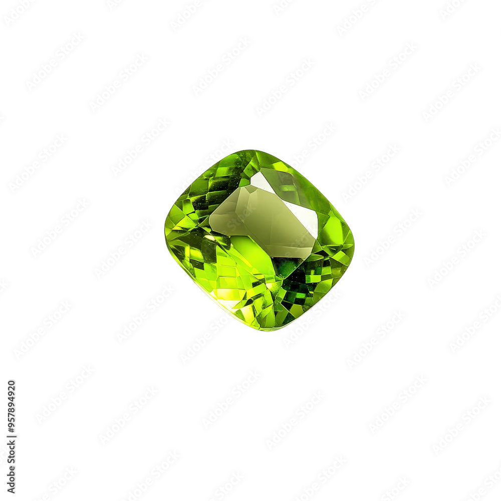 High-quality close-up image of a sparkling green gemstone, cushion cut, isolated on a clean white background. Perfect for jewelry and gemstone designs. High-quality close-up image of a sparkling green gemstone, cushion cut, isolated on a clean white background. Perfect for jewelry and gemstone designs.