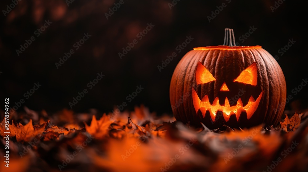 Sinister Jack-o'-lantern Amidst Dark Woods and Dead Leaves with Copy Space, Ultra HD Sinister Jack-o'-lantern Amidst Dark Woods and Dead Leaves with Copy Space, Ultra HD