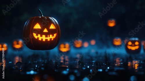 Wallpaper Mural Haunting Halloween Scene with Glowing Jack-O'-Lanterns in Misty Swamp - Ultra HD Torontodigital.ca