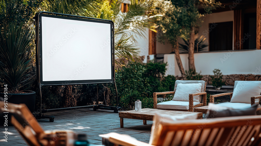 Outdoor Business Networking Event With Screen Showing White Screen Mockup For Custom Webinar And Event Displays . Generative ai Outdoor Business Networking Event With Screen Showing White Screen Mockup For Custom Webinar And Event Displays . Generative ai
