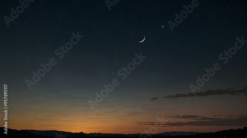 Waning crescent moon. Hanging low in early morning sky, thin sliver of light illuminating dark landscape. Realistic style. photo