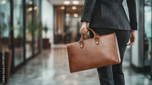 Female executive in a sharp suit holding a leather briefcase while poised in a minimalist office, woman in elegant suit, professional refinement