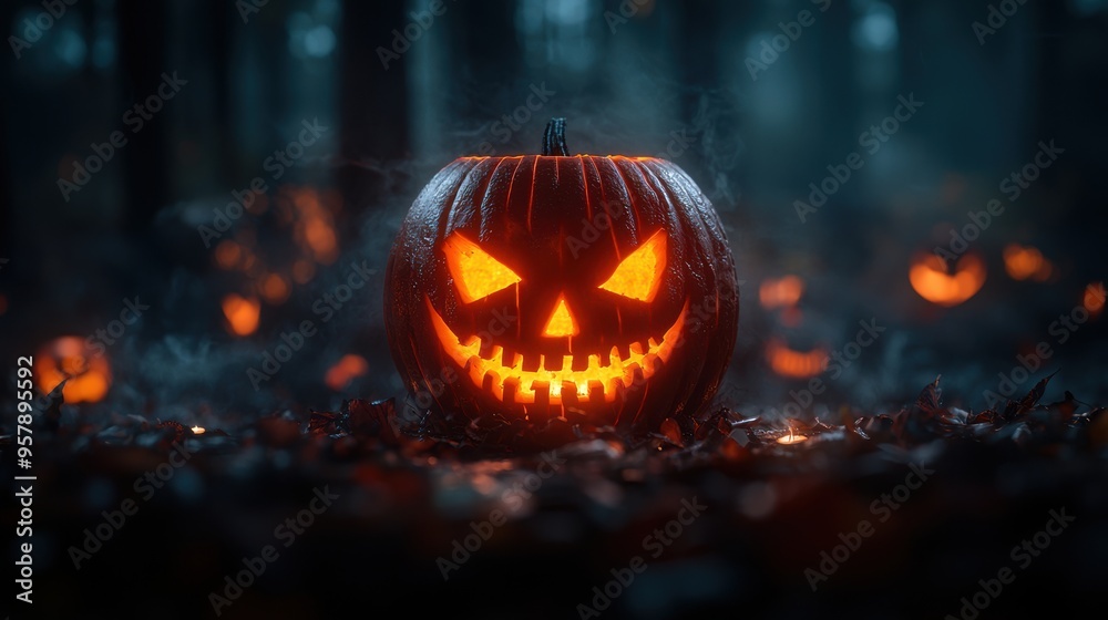 Sinister Jack-o'-lantern in Misty Forest - Halloween Decoration with Copy Space, Ultra HD Quality Sinister Jack-o'-lantern in Misty Forest - Halloween Decoration with Copy Space, Ultra HD Quality