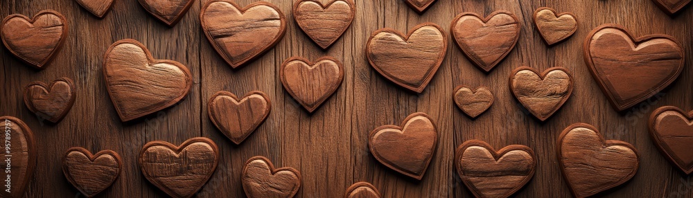 Rustic Wooden Hearts on Brown Wooden Background Rustic Wooden Hearts on Brown Wooden Background