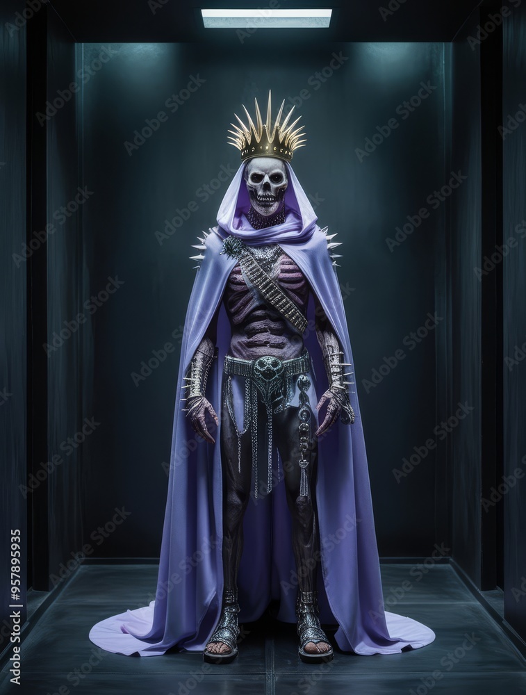 Fototapeta premium full body establishing shot of a ultraviolet opalescent cloaked undead warrior, wearing a golden spiky crown, platinum accessories adorned, in an enclosed dark chamber, post apocalyptic, horror core