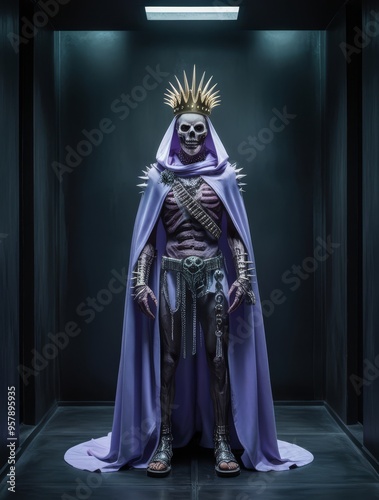 full body establishing shot of a ultraviolet opalescent cloaked undead warrior, wearing a golden spiky crown, platinum accessories adorned, in an enclosed dark chamber, post apocalyptic, horror core