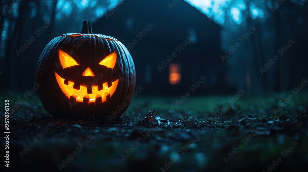 Spooky Jack-o'-lantern with Twisted Grin in Abandoned House - Halloween Horror Concept with Copy Space, Selective Focus (Ultra HD) Spooky Jack-o'-lantern with Twisted Grin in Abandoned House - Halloween Horror Concept with Copy Space, Selective Focus (Ultra HD)