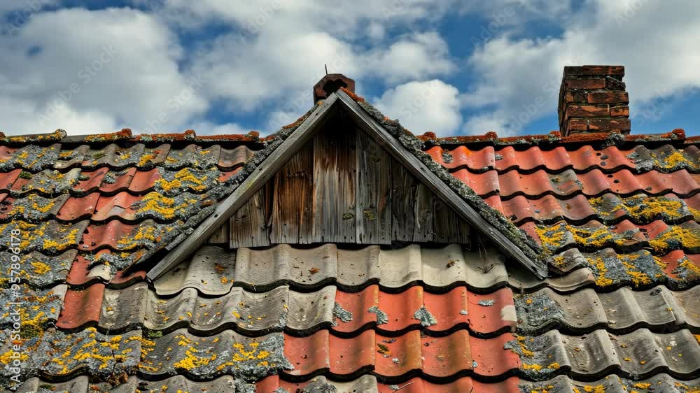 Close-up of weathered rooftop with moss and lichens in a quaint village under a bright blue sky Close-up of weathered rooftop with moss and lichens in a quaint village under a bright blue sky
