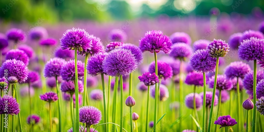 Fototapeta premium A vibrant patch of purple flowers surrounded by lush green grass in a field