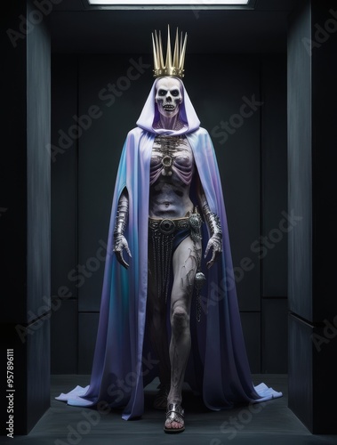 full body establishing shot of a ultraviolet opalescent cloaked undead warrior, wearing a golden spiky crown, platinum accessories adorned, in an enclosed dark chamber, post apocalyptic, horror core photo