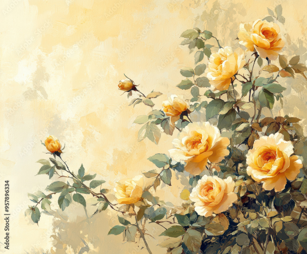 Obraz premium a vintage postcard ,wild yellow rose flowers. AI generative.