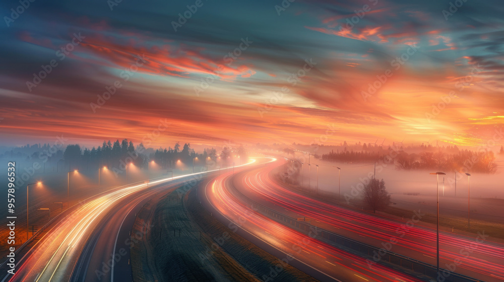 Fototapeta premium Highway Through Misty Sunrise
