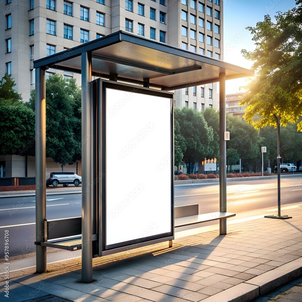 Blank bus stop advertisement mockup showcasing a large vertical billboard with a bright. sunny background. Blank bus stop advertisement mockup showcasing a large vertical billboard with a bright. sunny background.