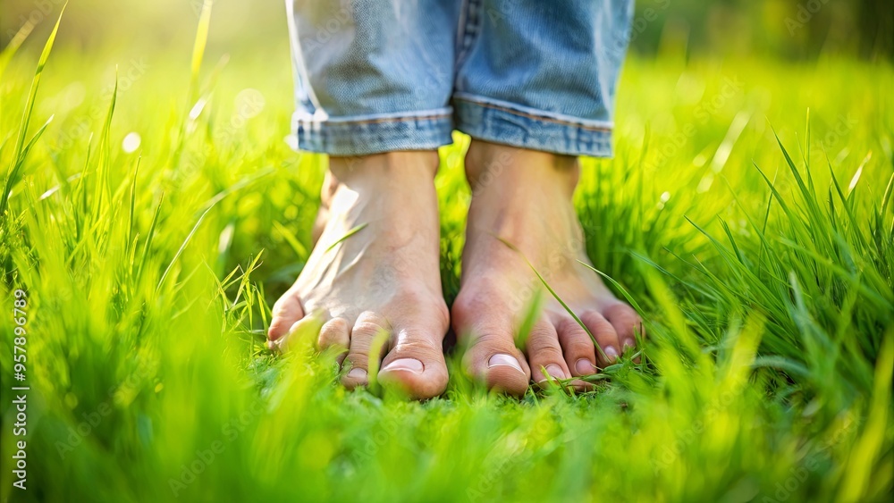 Close-up view of bare feet standing in green grass Close-up view of bare feet standing in green grass