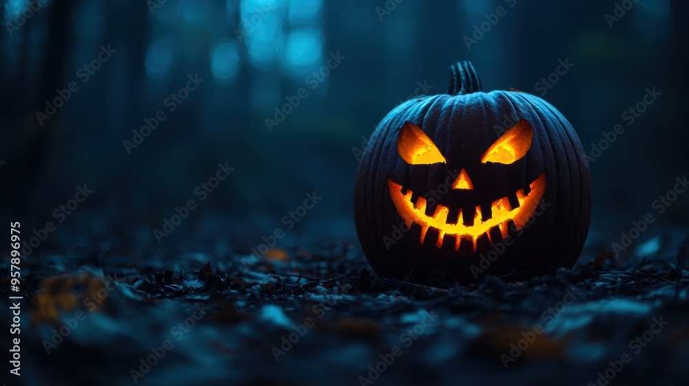 Sinister Glowing Pumpkin in Eerie Forest with Copy Space, Selective Focus - Ultra HD Sinister Glowing Pumpkin in Eerie Forest with Copy Space, Selective Focus - Ultra HD
