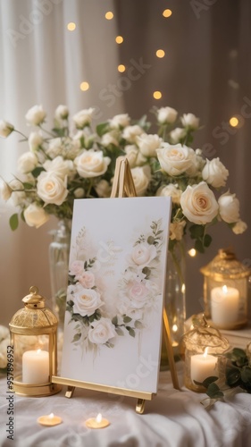 A 24x36 inch blank white paper set on an minimalist gold metal easel. Let the realistic light beams hit this pure white canvas with no writing on it and create a pleasant shadow. photo