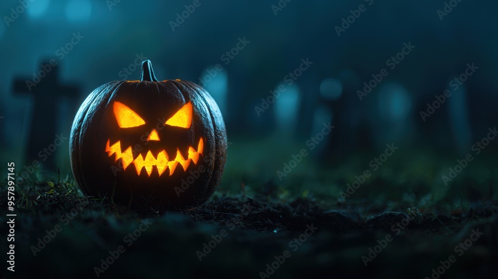 Glowing Evil Pumpkin in Spooky Foggy Graveyard with Copy Space, Selective Focus - Ultra HD Glowing Evil Pumpkin in Spooky Foggy Graveyard with Copy Space, Selective Focus - Ultra HD