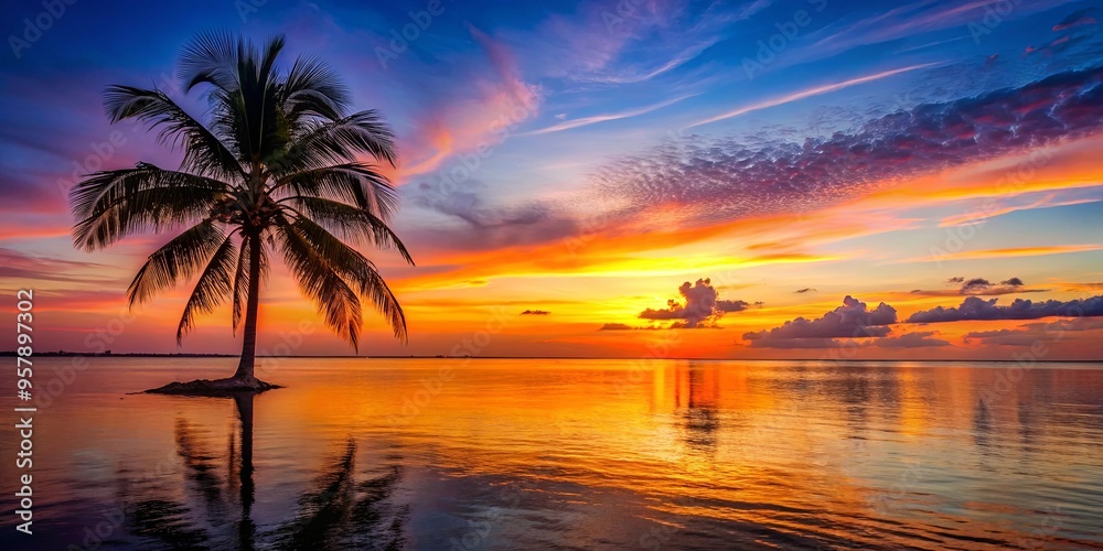 Vibrant sunset with silhouette of palm tree by tranquil waters Vibrant sunset with silhouette of palm tree by tranquil waters