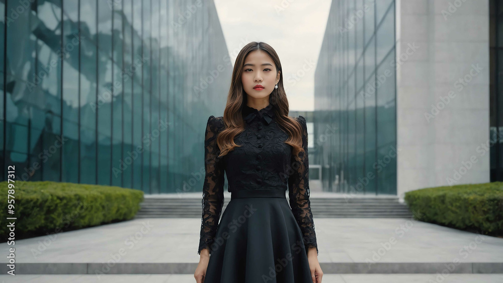 Fototapeta premium girl formal wear in Modern art museum exterior background