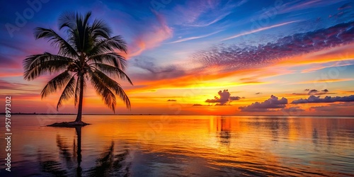 Vibrant sunset with silhouette of palm tree by tranquil waters