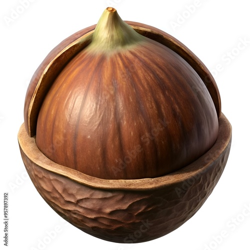 A realistic 3D illustration of a whole Okari nut. with its shell partially cracked open to reveal the edible seed within. photo