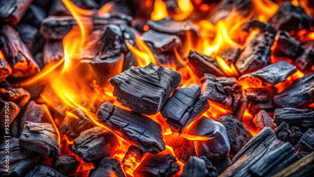 Close up of charcoal for barbecue background with fiery flames Close up of charcoal for barbecue background with fiery flames