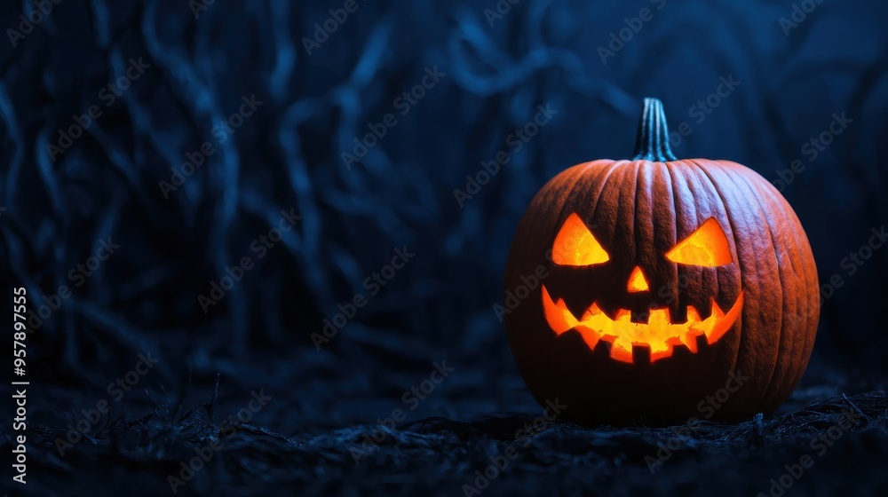 Naklejka premium Spooky Pumpkin with Creepy Face in Dark Forest Halloween Scene - Ultra HD