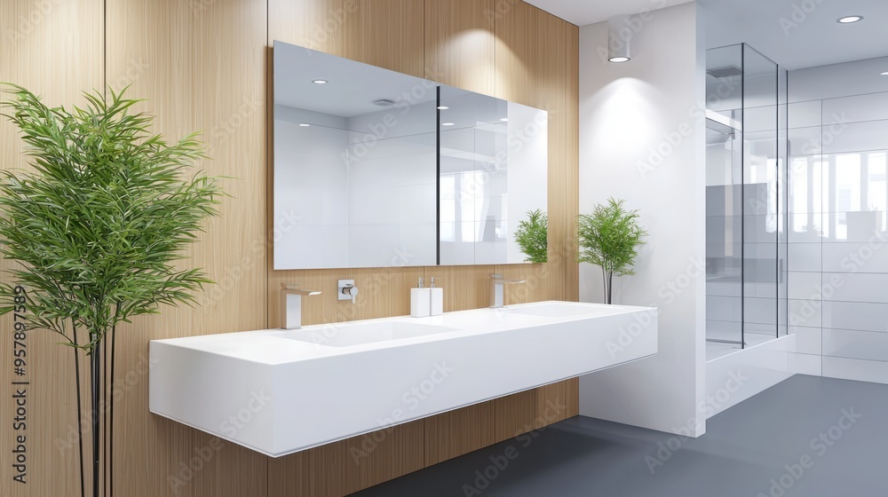 Modern Minimalist Office Bathroom Featuring a Sleek Floating Sink and Spacious Plain Mirror