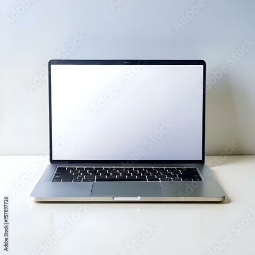 A sleek silver laptop with a blank white screen sits on a white desk. ready for your message.